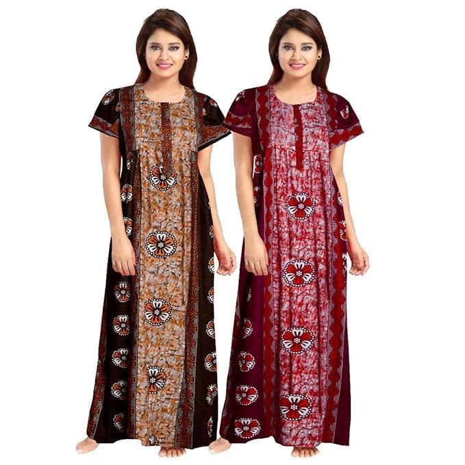 Vlazom Women's Pure Cotton Rajasthani Nighty & Jaipuri Maxi Gown – Pack of 2, Soft & Breathable Sleepwear (Brown&Maroon, Free Size) - Image 1