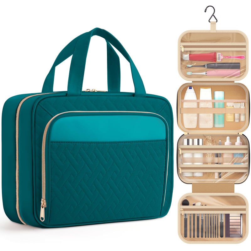 Hotor Travel Toiletry Bag For Women & Men, Waterproof Makeup Bag With Hanging Hook And Multiple Pockets, Cosmetic Bags For Women, Travel Essentials, 11.2'' X 3.2'' X 8.9'', Teal - Image 1