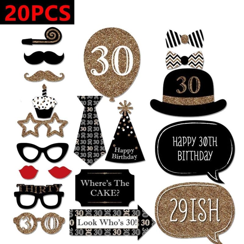 Funcart 30th Birthday Celebration Party Props 20pcs for Her Him Cheers to 30 Years Birthday Party Gold and Black Decorations 30th Happy Birthday Party Supplies for Men Women - Image 2