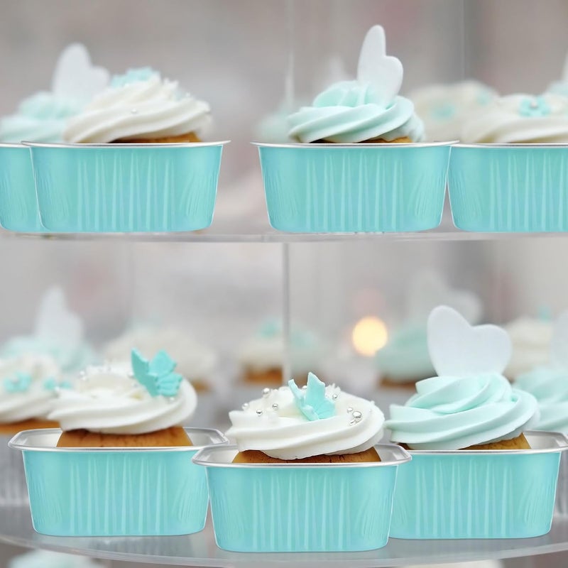 Skylety 100 Pcs 5 oz Mini Square Baking Pan with Lid Aluminum Foil Cupcake Pan Brownie Baking Cup Disposable Ramekins Individual Tin Dessert Containers for Kitchen(Light Blue) - Image 3