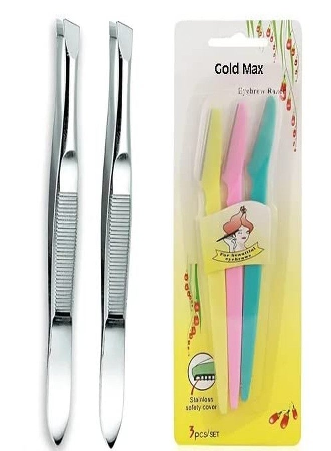 Gold Max 2pcs Face Hair Removing Tweezers Eyebrow Plucker Ingrown Hair Remover Stainless Steel Upper Lip, Eyebrow & Blackhead Remover with 3pcs Facial Razor - Image 1