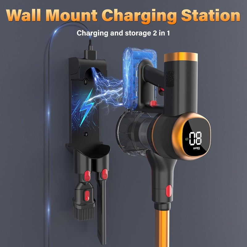 مكنسة كهربائية لاسلكية Tikom V500 للمنزل، 40000Pa/450W مكنسة عصا مع شاشة لمس LED، حامل شحن حائطي، مضاد للتشابك، مكنسة يدوية خفيفة الوزن لشعر الحيوانات الأليفة، الأرضيات الصلبة، السجاد - Image 4