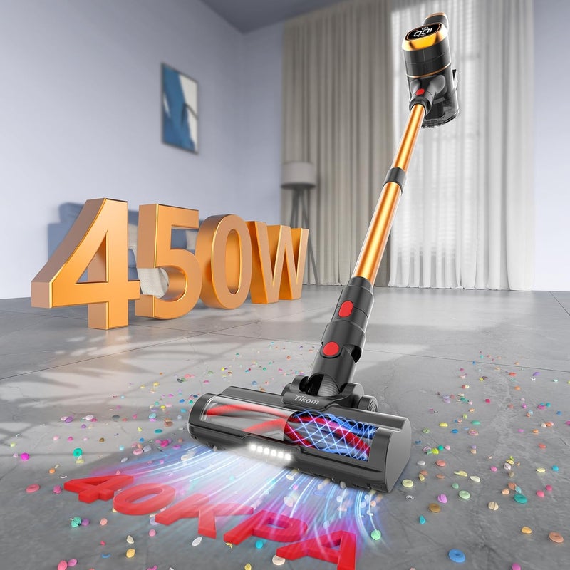 مكنسة كهربائية لاسلكية Tikom V500 للمنزل، 40000Pa/450W مكنسة عصا مع شاشة لمس LED، حامل شحن حائطي، مضاد للتشابك، مكنسة يدوية خفيفة الوزن لشعر الحيوانات الأليفة، الأرضيات الصلبة، السجاد - Image 2