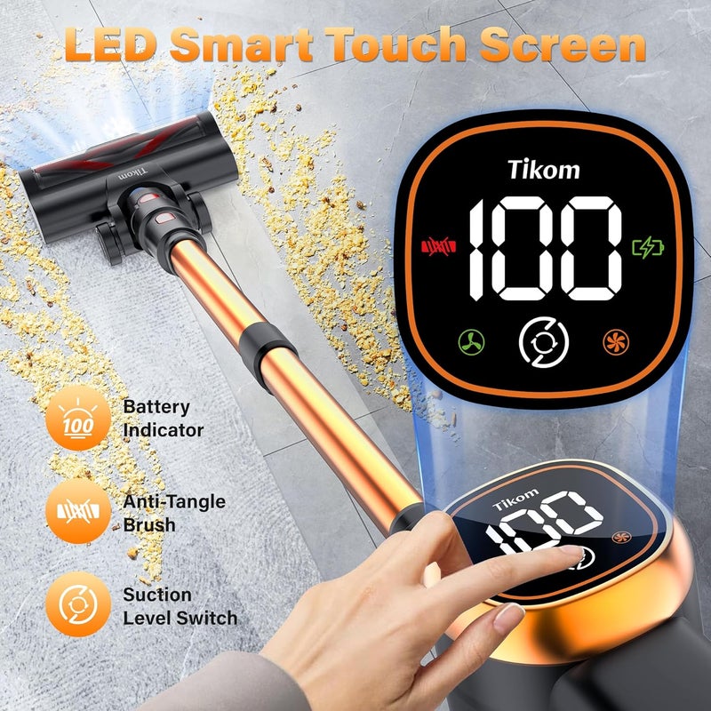 مكنسة كهربائية لاسلكية Tikom V500 للمنزل، 40000Pa/450W مكنسة عصا مع شاشة لمس LED، حامل شحن حائطي، مضاد للتشابك، مكنسة يدوية خفيفة الوزن لشعر الحيوانات الأليفة، الأرضيات الصلبة، السجاد - Image 3