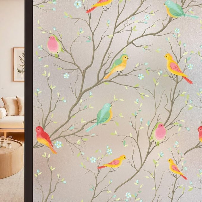 STAINED GLASS WINDOW FILM PRIVACY FILM FOR GLASS WINDOWS DECORATIVE NON ADHESIVE STATIC CLING VINLY ANTI UV BIRD PATTERNED FOR BATHROOM AND DOOR FROSTED 44 200CM