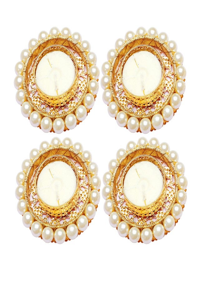 Aditri Creation Set of 4 Pearl Moti Design T Light Holder Candle Stand Tealight T-Light Holder for Indian Festival Gifts New Year Gifts Lighting Accessories Wedding Home Decor(Size:-3")(Without Wax)(White) - Image 1