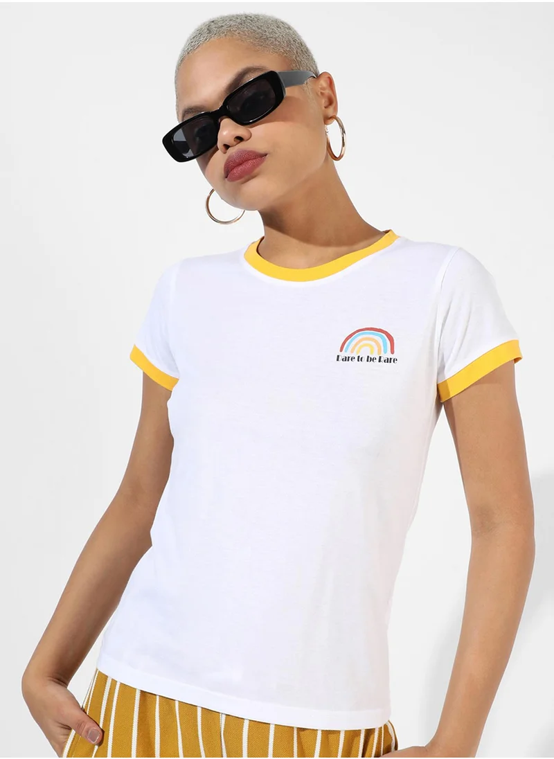 Campus Sutra Campus Sutra Women's White Printed Regular Fit Top For Casual Wear | Crewneck | Short Sleeve | Top Crafted With Regular Sleeve, Comfort Fit & High-Performance For Everyday Wear