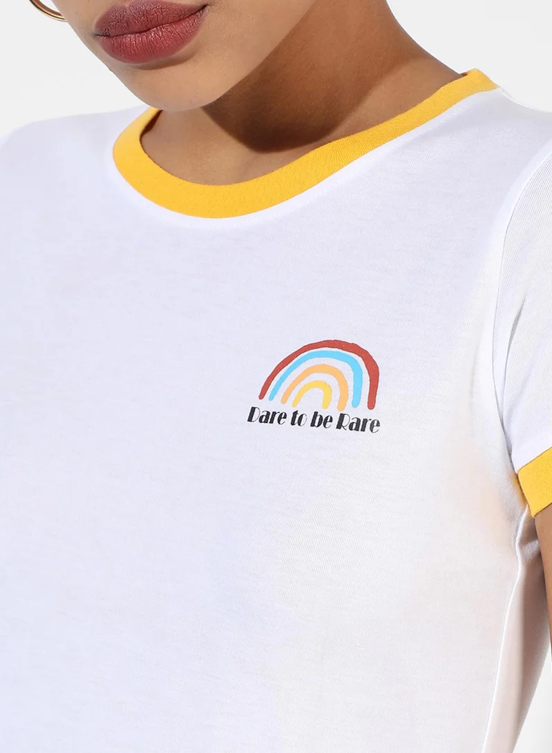 Campus Sutra Campus Sutra Women's White Printed Regular Fit Top For Casual Wear | Crewneck | Short Sleeve | Top Crafted With Regular Sleeve, Comfort Fit & High-Performance For Everyday Wear