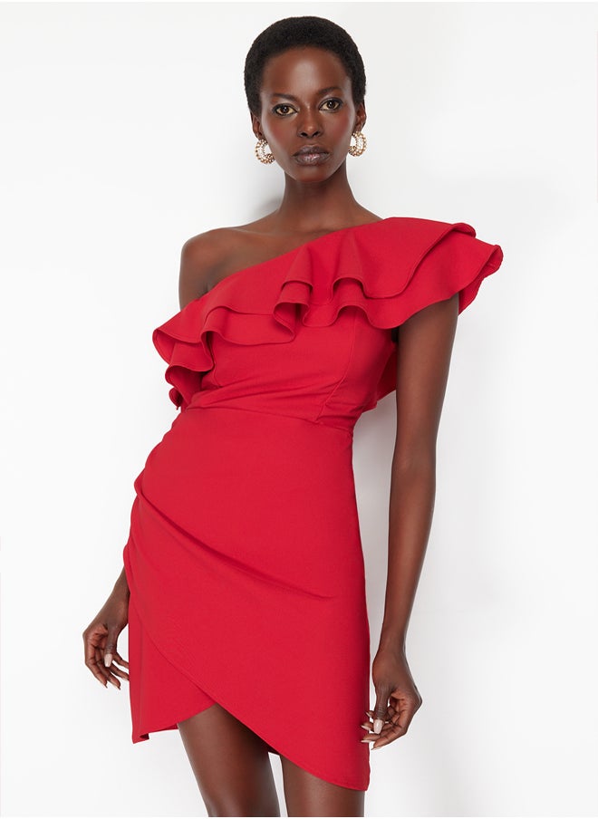 trendyol Red Single Sleeve Ruffled Woven Short Elegant Evening Dress TPRSS24EL00013  - Image 2