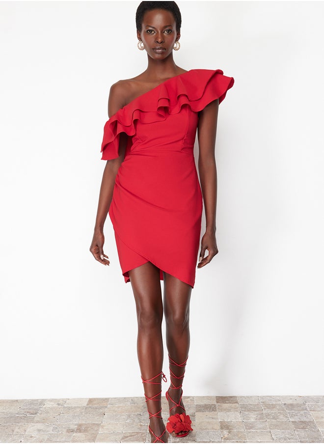 trendyol Red Single Sleeve Ruffled Woven Short Elegant Evening Dress TPRSS24EL00013  - Image 1