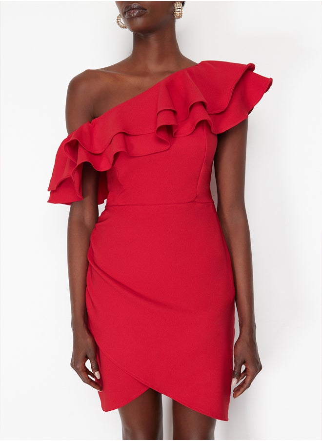trendyol Red Single Sleeve Ruffled Woven Short Elegant Evening Dress TPRSS24EL00013  - Image 4