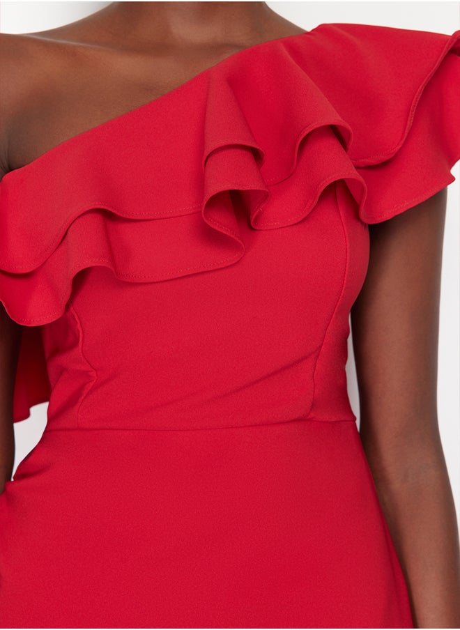 trendyol Red Single Sleeve Ruffled Woven Short Elegant Evening Dress TPRSS24EL00013  - Image 5