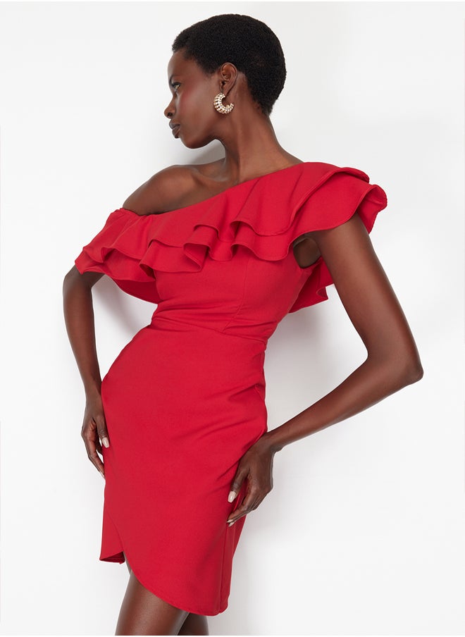 trendyol Red Single Sleeve Ruffled Woven Short Elegant Evening Dress TPRSS24EL00013  - Image 3