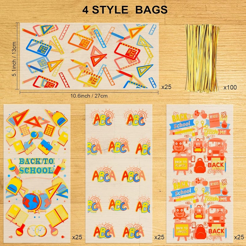 Konsait أكياس سيلوفان للحفلات للعودة إلى المدرسة من كونسايت 100 قطعة، أكياس حلوى و بسكويت واضحة مع روابط ملتوية لمخبز الشوكولاتة والوجبات الخفيفة، أكياس هدايا للحفلات للعودة إلى المدرسة - Image 2