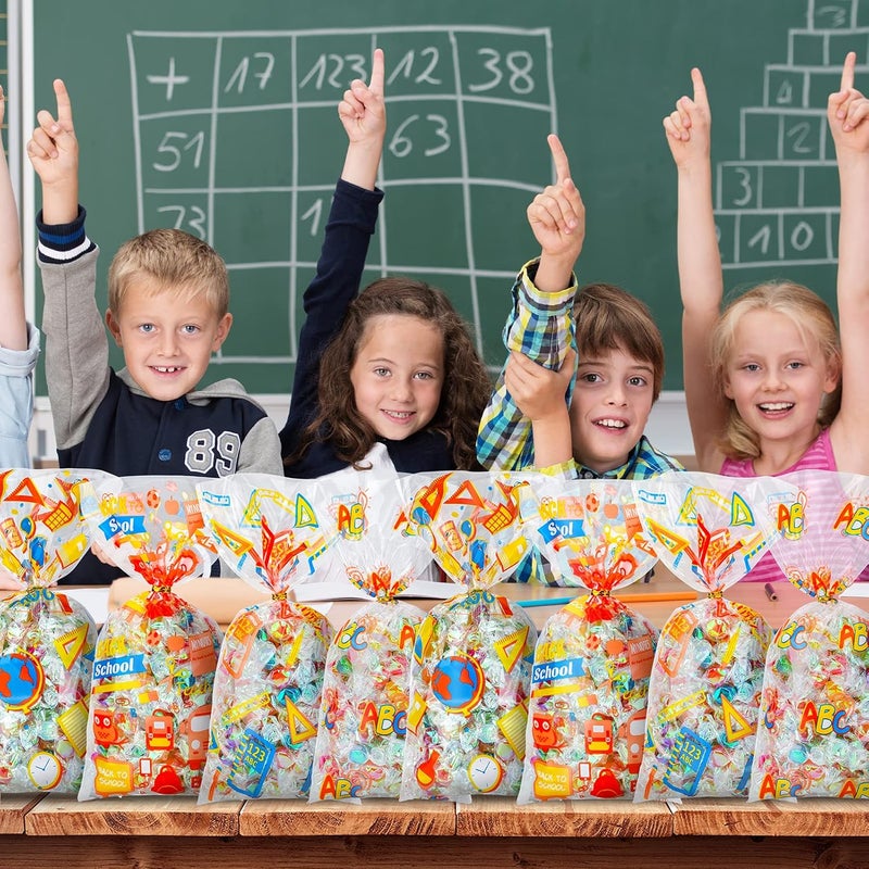 Konsait أكياس سيلوفان للحفلات للعودة إلى المدرسة من كونسايت 100 قطعة، أكياس حلوى و بسكويت واضحة مع روابط ملتوية لمخبز الشوكولاتة والوجبات الخفيفة، أكياس هدايا للحفلات للعودة إلى المدرسة - Image 4