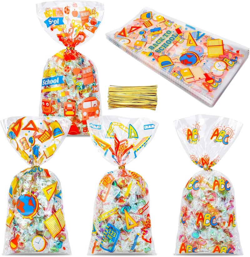 Konsait أكياس سيلوفان للحفلات للعودة إلى المدرسة من كونسايت 100 قطعة، أكياس حلوى و بسكويت واضحة مع روابط ملتوية لمخبز الشوكولاتة والوجبات الخفيفة، أكياس هدايا للحفلات للعودة إلى المدرسة - Image 1