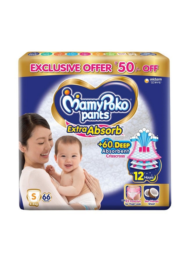 MamyPoko Pants Extra Absorb Baby Diapers, Small (S), 66(+2 Free Diaper) , 4-8 Kg, 68 Count