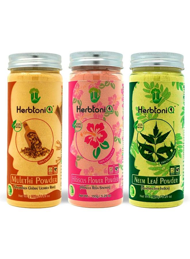 Herbtoniq ™ Combo Of 3 100% Natural Mulethi Powder(Licorice) 150G Hibiscus Flower Powder 150G Neem Leaf Powder 150G For Antidandruff Antifizz Hairfall Scalp Care Hair Pack (Pack Of 3450G) - Image 1