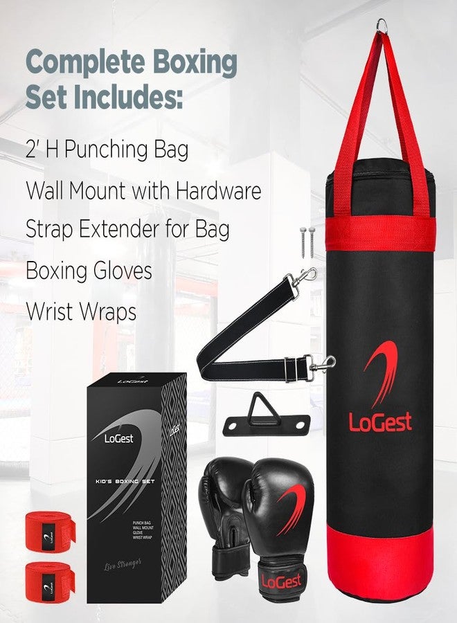 LoGest Kids Boxing Set - 2' H Punching Bag, Gloves, Hand Wraps, Wall Mount - Ages 3-8, Red/Blue or Patterned (Red & Black) - Boxing, MMA, Kickboxing, Muay Thai, Karate, Self-Defense - Image 2