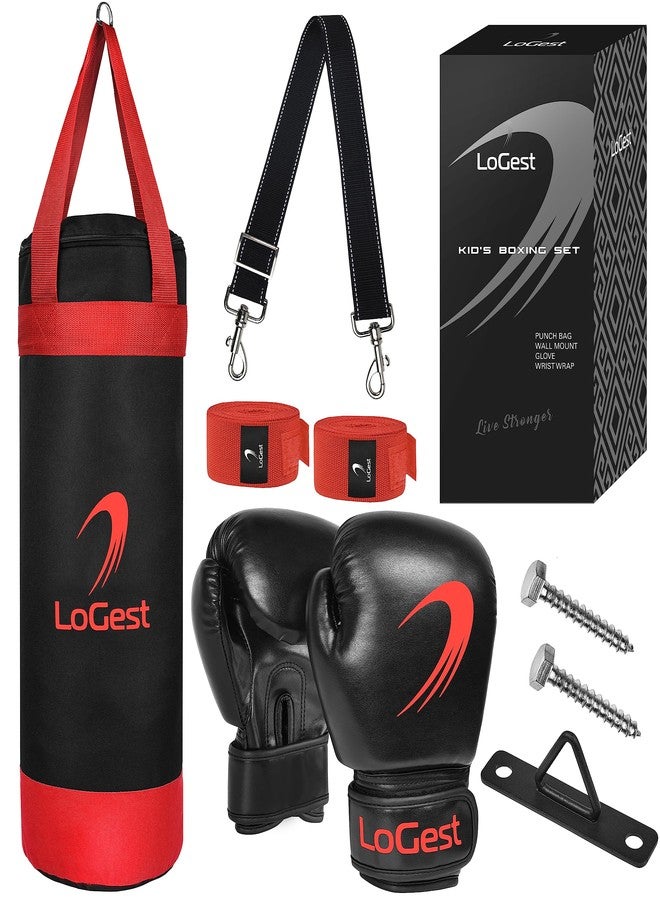 LoGest Kids Boxing Set - 2' H Punching Bag, Gloves, Hand Wraps, Wall Mount - Ages 3-8, Red/Blue or Patterned (Red & Black) - Boxing, MMA, Kickboxing, Muay Thai, Karate, Self-Defense - Image 1