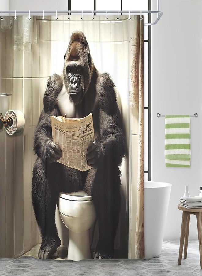 JAWO Funny Gorilla Shower Curtain, Gorilla Sitting on The Toilet Reading a Newspaper Shower Curtains, Fun Orangutan Wild Animal Masculine Humor on Toilet Quirky Animal Grey Shower Curtains - Image 1