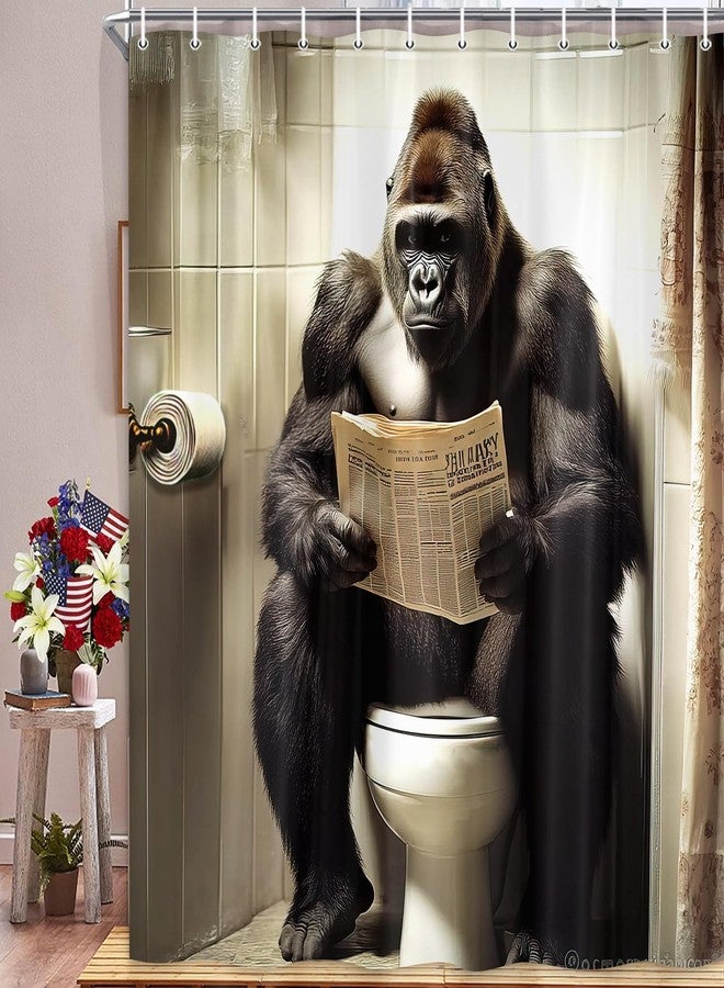 JAWO Funny Gorilla Shower Curtain, Gorilla Sitting on The Toilet Reading a Newspaper Shower Curtains, Fun Orangutan Wild Animal Masculine Humor on Toilet Quirky Animal Grey Shower Curtains - Image 3