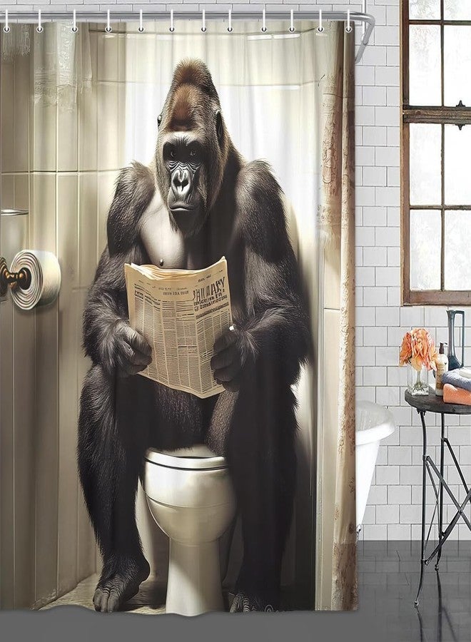 JAWO Funny Gorilla Shower Curtain, Gorilla Sitting on The Toilet Reading a Newspaper Shower Curtains, Fun Orangutan Wild Animal Masculine Humor on Toilet Quirky Animal Grey Shower Curtains - Image 5
