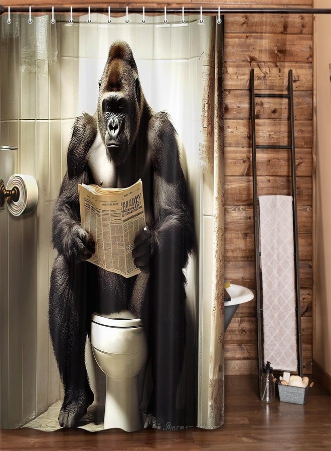 JAWO Funny Gorilla Shower Curtain, Gorilla Sitting on The Toilet Reading a Newspaper Shower Curtains, Fun Orangutan Wild Animal Masculine Humor on Toilet Quirky Animal Grey Shower Curtains - Image 4
