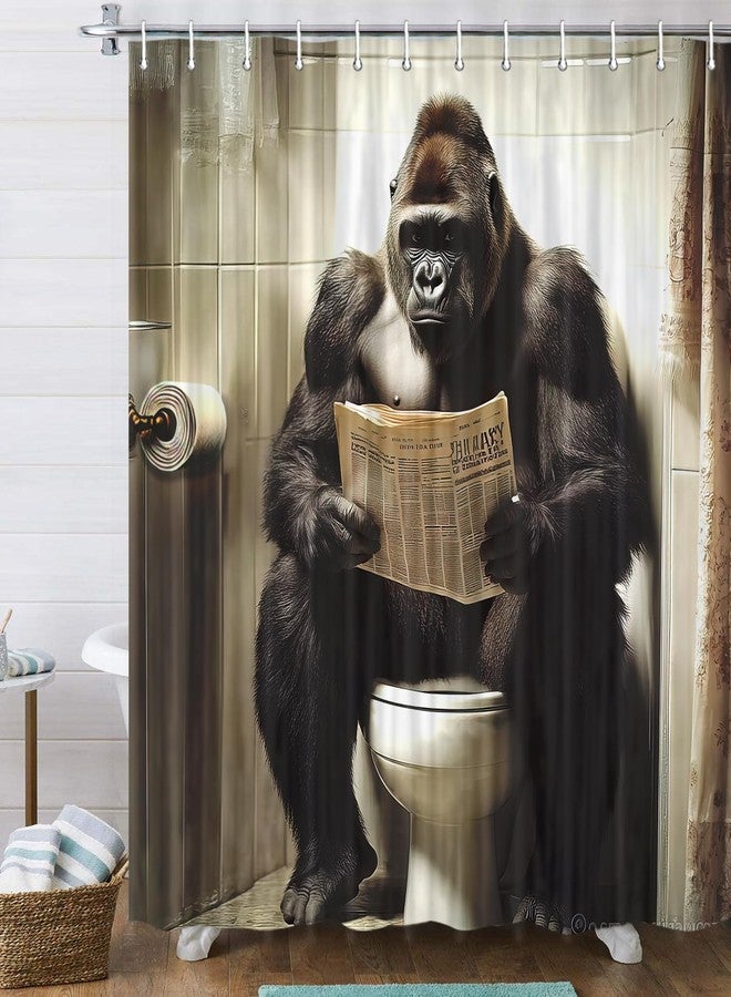 JAWO Funny Gorilla Shower Curtain, Gorilla Sitting on The Toilet Reading a Newspaper Shower Curtains, Fun Orangutan Wild Animal Masculine Humor on Toilet Quirky Animal Grey Shower Curtains - Image 2