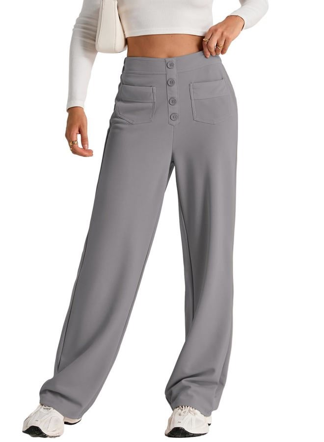 EVALESS Womens High Waist Button Stretchy Work Pants Straight Leg Office Dress Pant Business Casual Trousers with Pocket, 04 Gray, M - Image 1