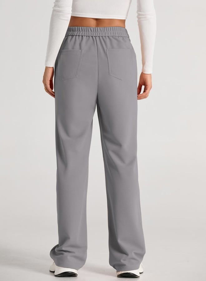 EVALESS Womens High Waist Button Stretchy Work Pants Straight Leg Office Dress Pant Business Casual Trousers with Pocket, 04 Gray, M - Image 5