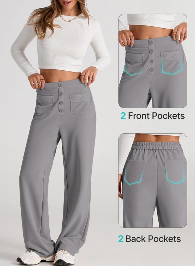 EVALESS Womens High Waist Button Stretchy Work Pants Straight Leg Office Dress Pant Business Casual Trousers with Pocket, 04 Gray, M - Image 3