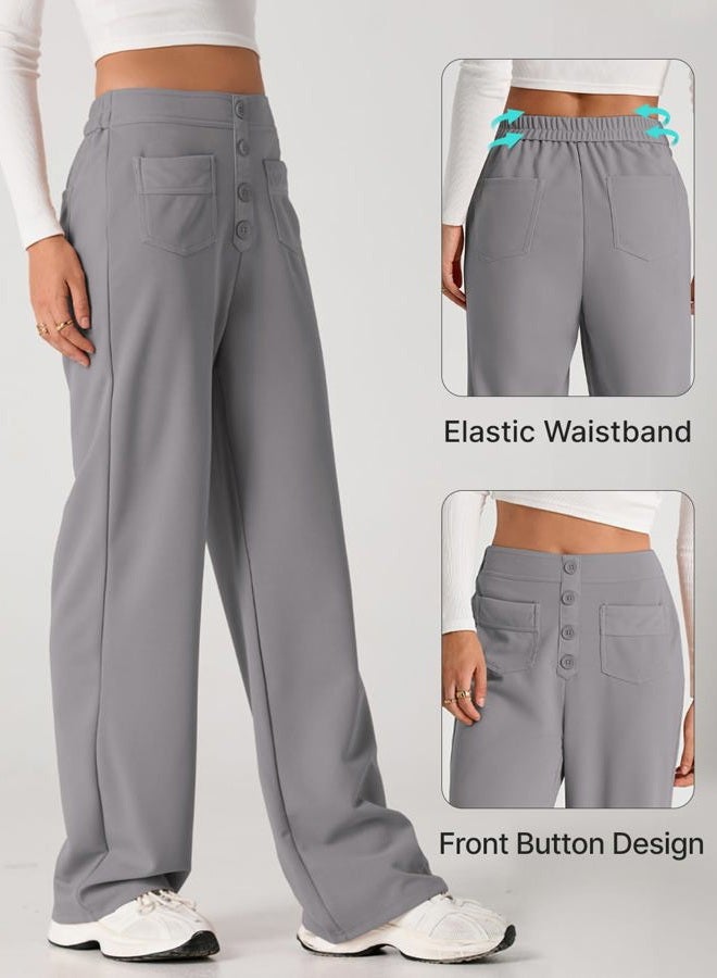 EVALESS Womens High Waist Button Stretchy Work Pants Straight Leg Office Dress Pant Business Casual Trousers with Pocket, 04 Gray, M - Image 4