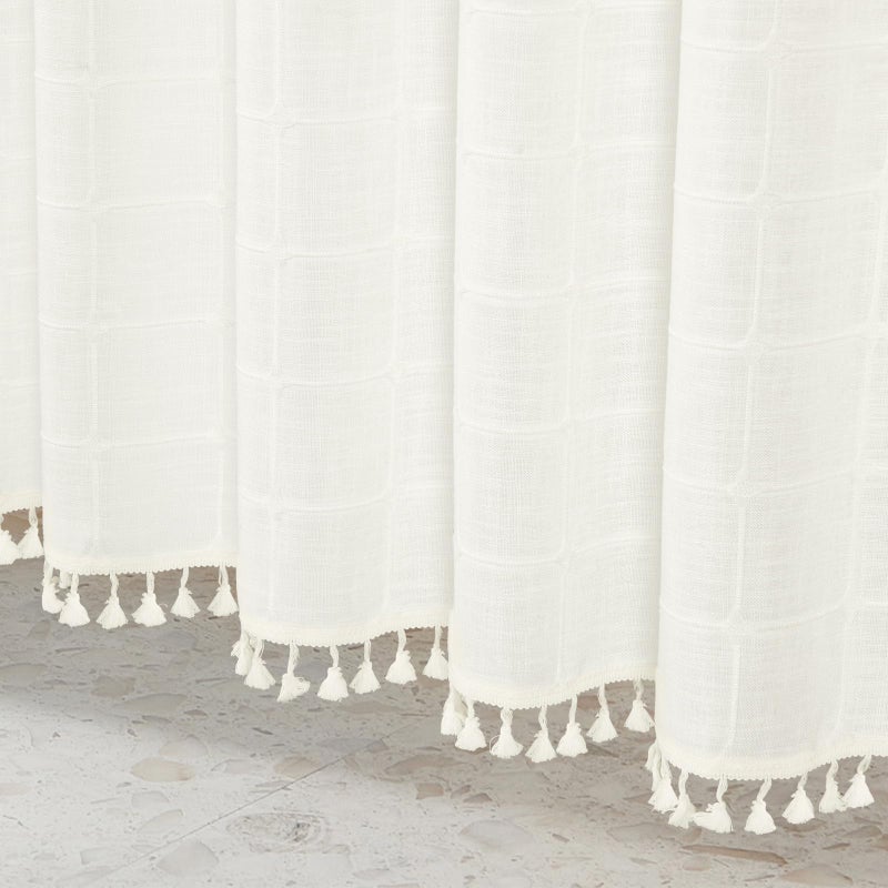 MitoVilla Cream White Boho Extra Long Shower Curtain 72 x 84  Modern Farmhouse 84 inch XL Cotton Linen Texture Tassel Fabric Shower Curtain Set with Hooks for Country Bathroom Decor  Ivory - Image 4