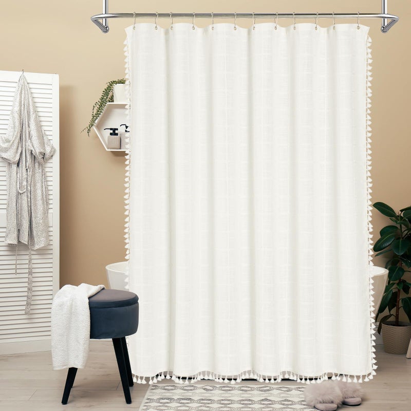 MitoVilla Cream White Boho Extra Long Shower Curtain 72 x 84  Modern Farmhouse 84 inch XL Cotton Linen Texture Tassel Fabric Shower Curtain Set with Hooks for Country Bathroom Decor  Ivory - Image 1