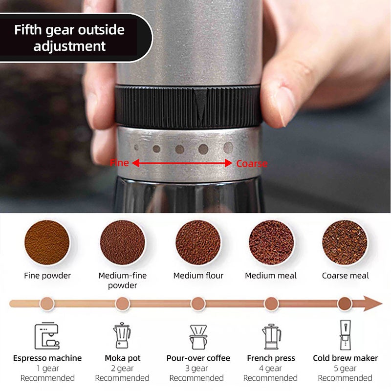 Manual Coffee Grinder: Silver Adjustable 5-Setting Burr Grinder - 30g Powder 25g Bean Capacity Portable Stainless Steel Grind Core for Home Office Travel Camping Coffee Lovers - Image 2
