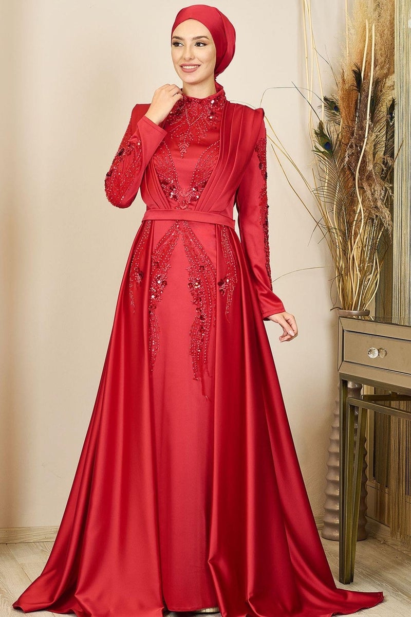 Esilanur Draped Front Beaded Tailed Miranda Hijab Evening Dress Red  - Image 1