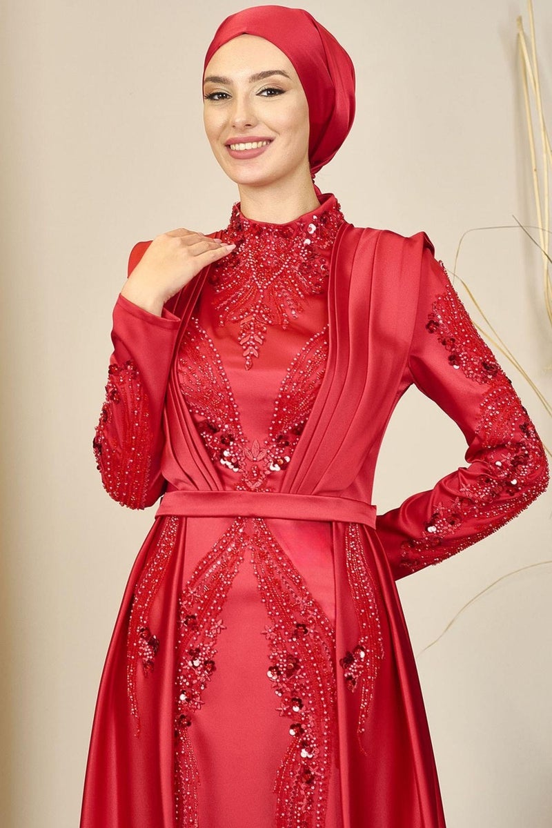 Esilanur Draped Front Beaded Tailed Miranda Hijab Evening Dress Red  - Image 2