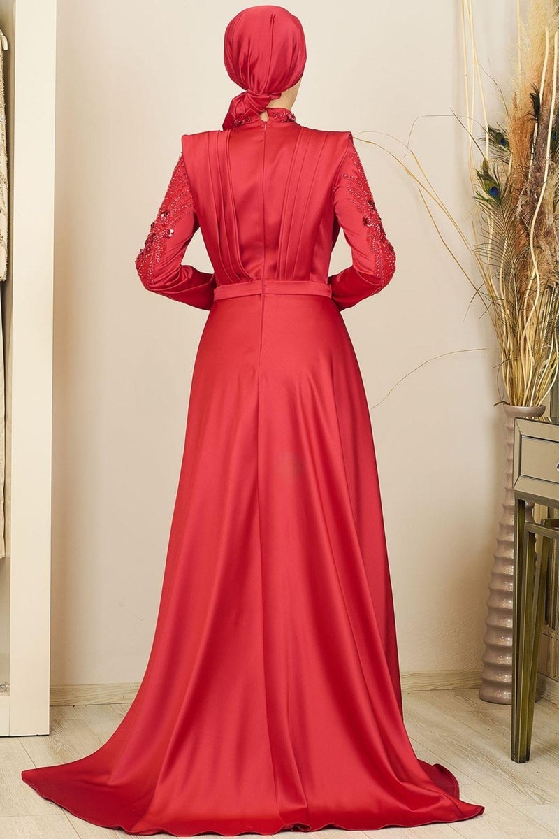Esilanur Draped Front Beaded Tailed Miranda Hijab Evening Dress Red  - Image 3