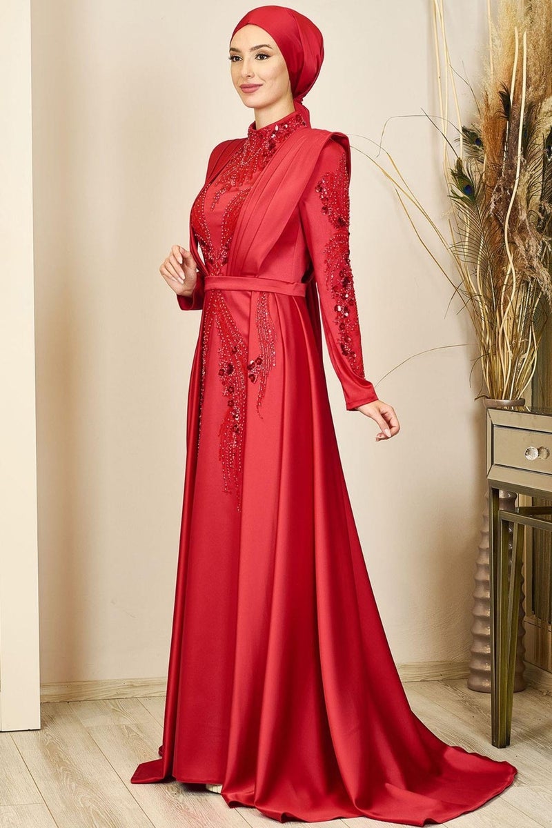 Esilanur Draped Front Beaded Tailed Miranda Hijab Evening Dress Red  - Image 4