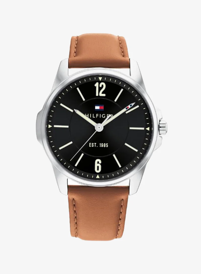 Men's Quartz Watch, Black Dial, Brown Leather Strap