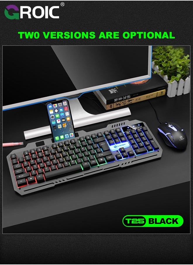 GROIC Black T25 Luminous Gaming Keyboard & Mouse Combo, 104 Key Wired Metal Panel Mechanical Hand Feeling E-sports and Set with Mobile Phone Holder, for Windows PC  - Image 4
