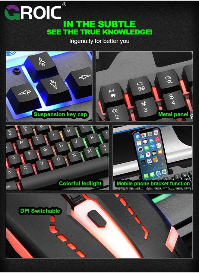 GROIC Black T25 Luminous Gaming Keyboard & Mouse Combo, 104 Key Wired Metal Panel Mechanical Hand Feeling E-sports and Set with Mobile Phone Holder, for Windows PC  - Image 3