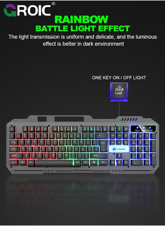 GROIC Black T25 Luminous Gaming Keyboard & Mouse Combo, 104 Key Wired Metal Panel Mechanical Hand Feeling E-sports and Set with Mobile Phone Holder, for Windows PC  - Image 5