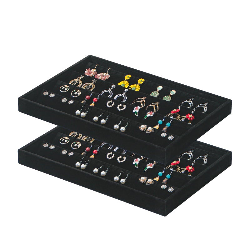 Coward 2PC Black Velvet Stackable Earring Tray Drawer Jewelry Holder Organizer Box Storage Earring Display Stand for Home Drawer or Store Selling (earring+earring) - Image 1