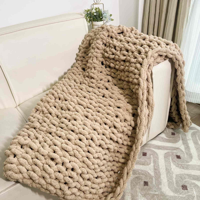 MocaDng Chunky Knit Blanket Throw 48""x71""  Chenille Throw Blankets  Handmade Warm & Cozy Blanket Couch Bed Home Decor  Soft Breathable Fleece Banket  Christmas for Couch Bed Sofa Best Gift (Tan) - Image 5