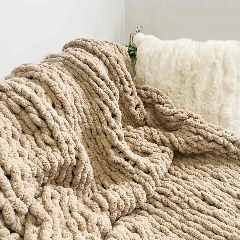 MocaDng Chunky Knit Blanket Throw 48""x71""  Chenille Throw Blankets  Handmade Warm & Cozy Blanket Couch Bed Home Decor  Soft Breathable Fleece Banket  Christmas for Couch Bed Sofa Best Gift (Tan) - Image 3