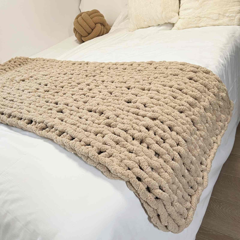 MocaDng Chunky Knit Blanket Throw 48""x71""  Chenille Throw Blankets  Handmade Warm & Cozy Blanket Couch Bed Home Decor  Soft Breathable Fleece Banket  Christmas for Couch Bed Sofa Best Gift (Tan) - Image 1