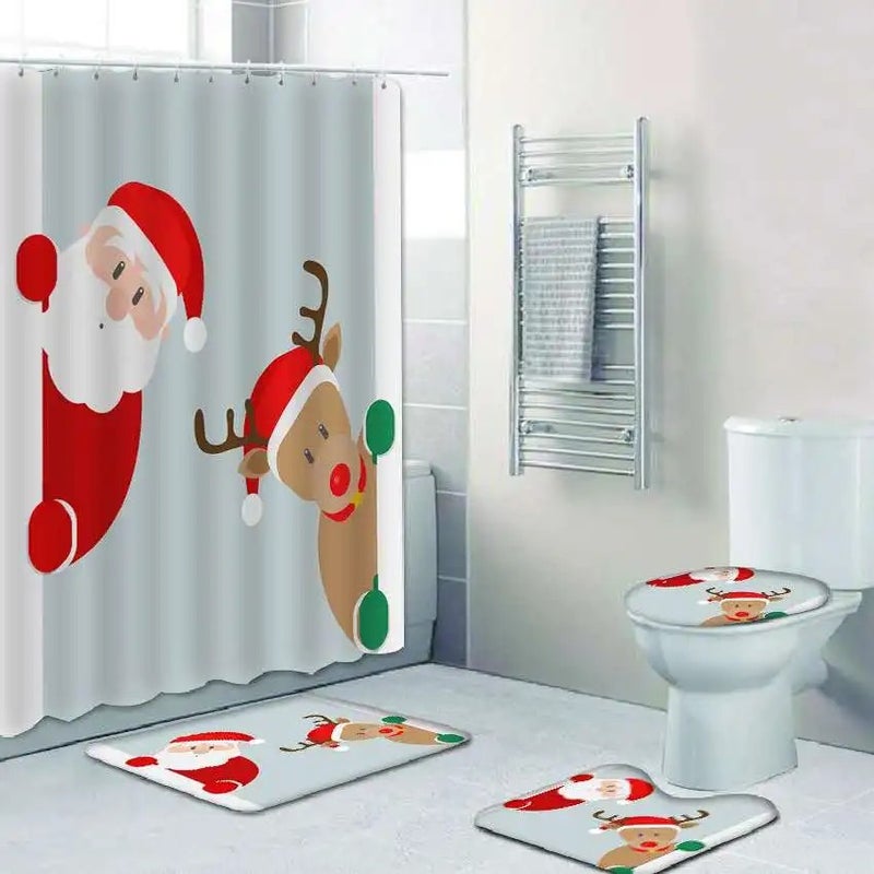 Y&D Christmas Snowman Bow 3d Digital Printing Shower Curtain Sets 4 Pieces with Bath Rug Sets - Image 1