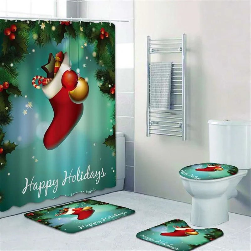 Y&D Christmas Snowman Bow 3d Digital Printing Shower Curtain Sets 4 Pieces with Bath Rug Sets - Image 3